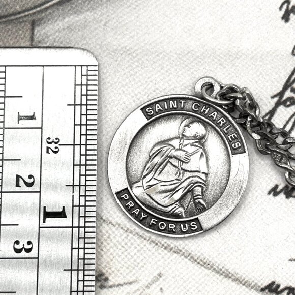 Vintage Silver Tone Saint Charles Borromeo Catholic Religious Medal Necklace - Picture 6 of 10